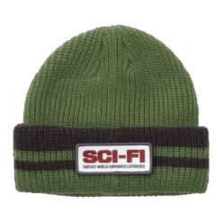 Sci-Fi Fantasy Reflective Patch Striped Beanie Olive/Grey