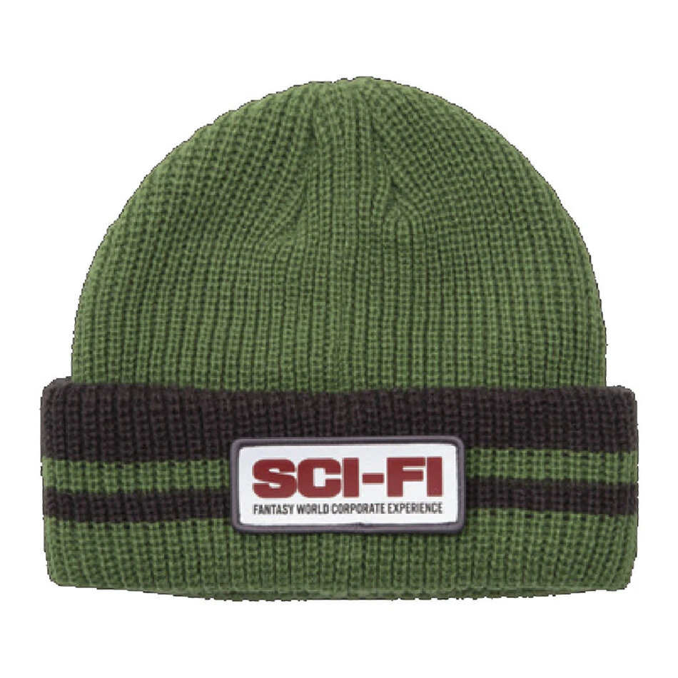 Sci-Fi Fantasy Reflective Patch Striped Beanie Olive/Grey